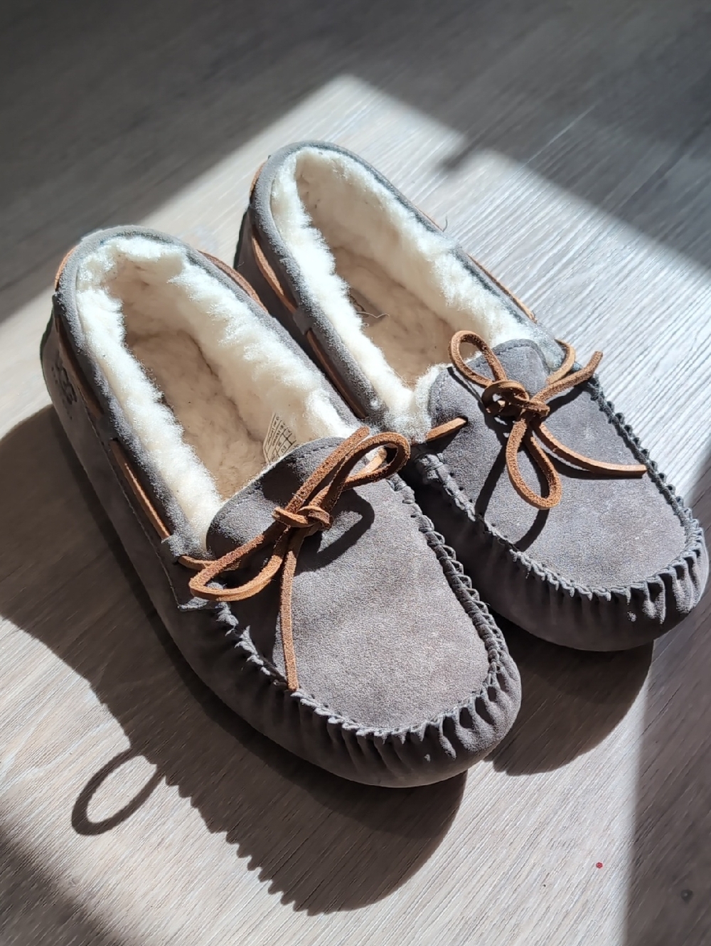 UGG Women's Gray Suede Moccasin Slippers with Cream Shearling and Brown Laces